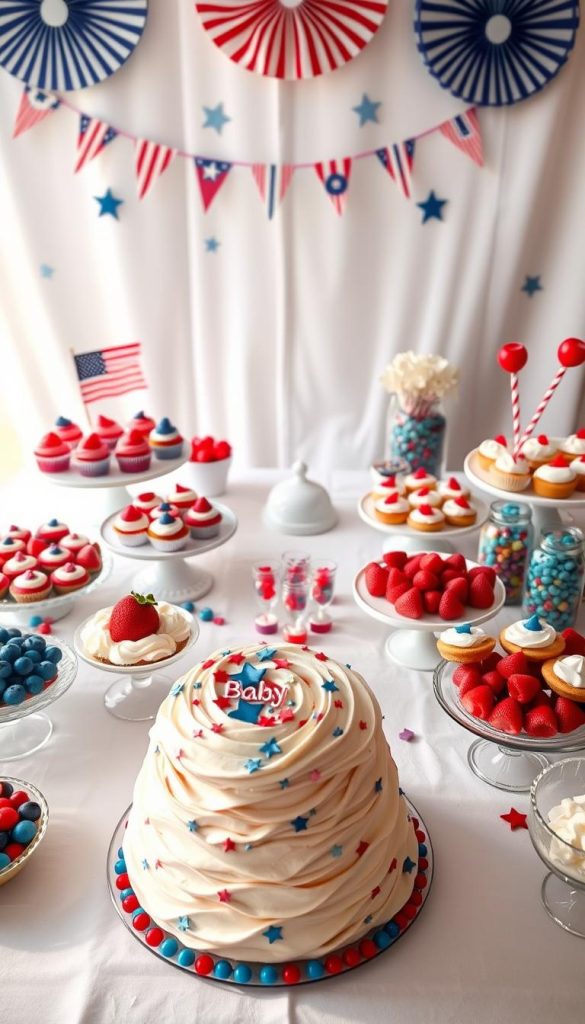 red white and blue baby shower dessert table
