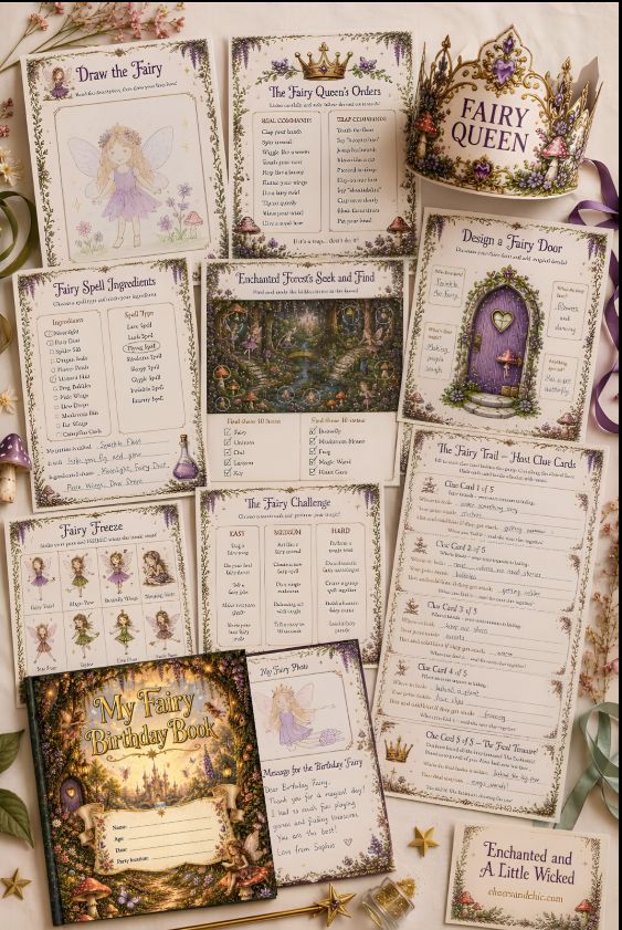 Enchanted and A Little Wicked fairy party games bundle — 10 printable games including Draw the Fairy, Fairy Queen's Orders, Seek and Find and My Fairy Birthday Book