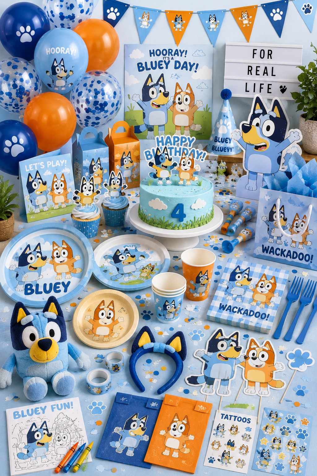 Bluey party supplies including decorations, balloons, cake, tableware, favors and party ideas