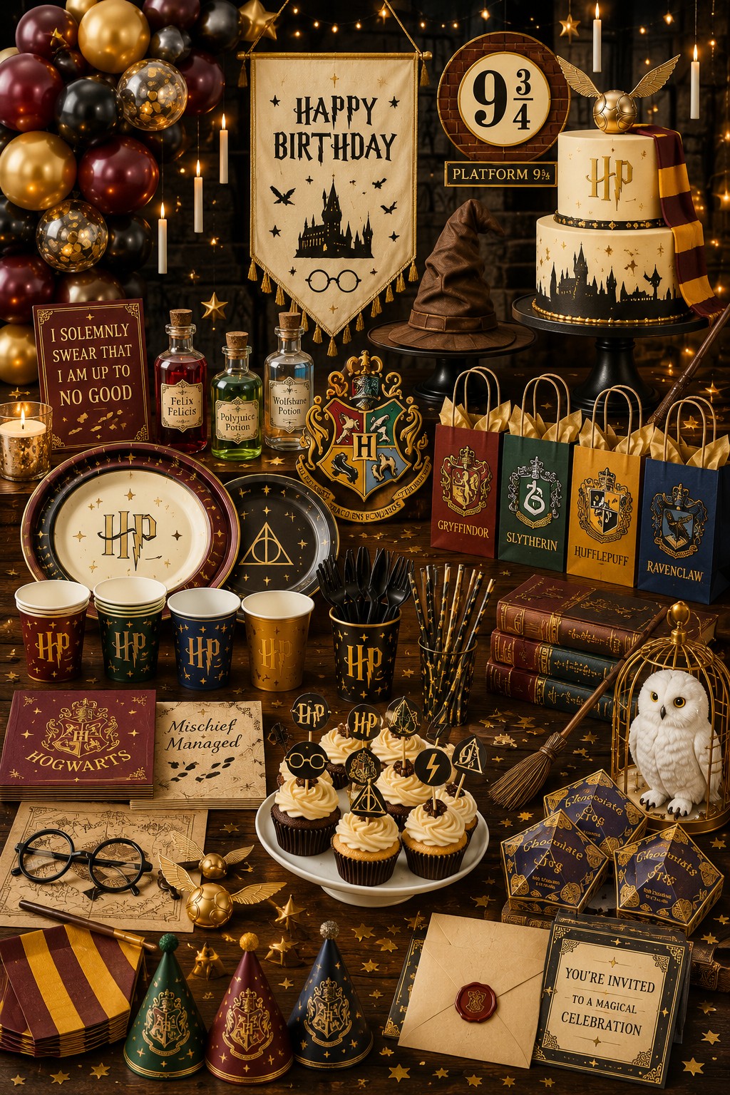 Harry Potter party supplies roundup with balloons, tableware, cake toppers, favors and magical decorations