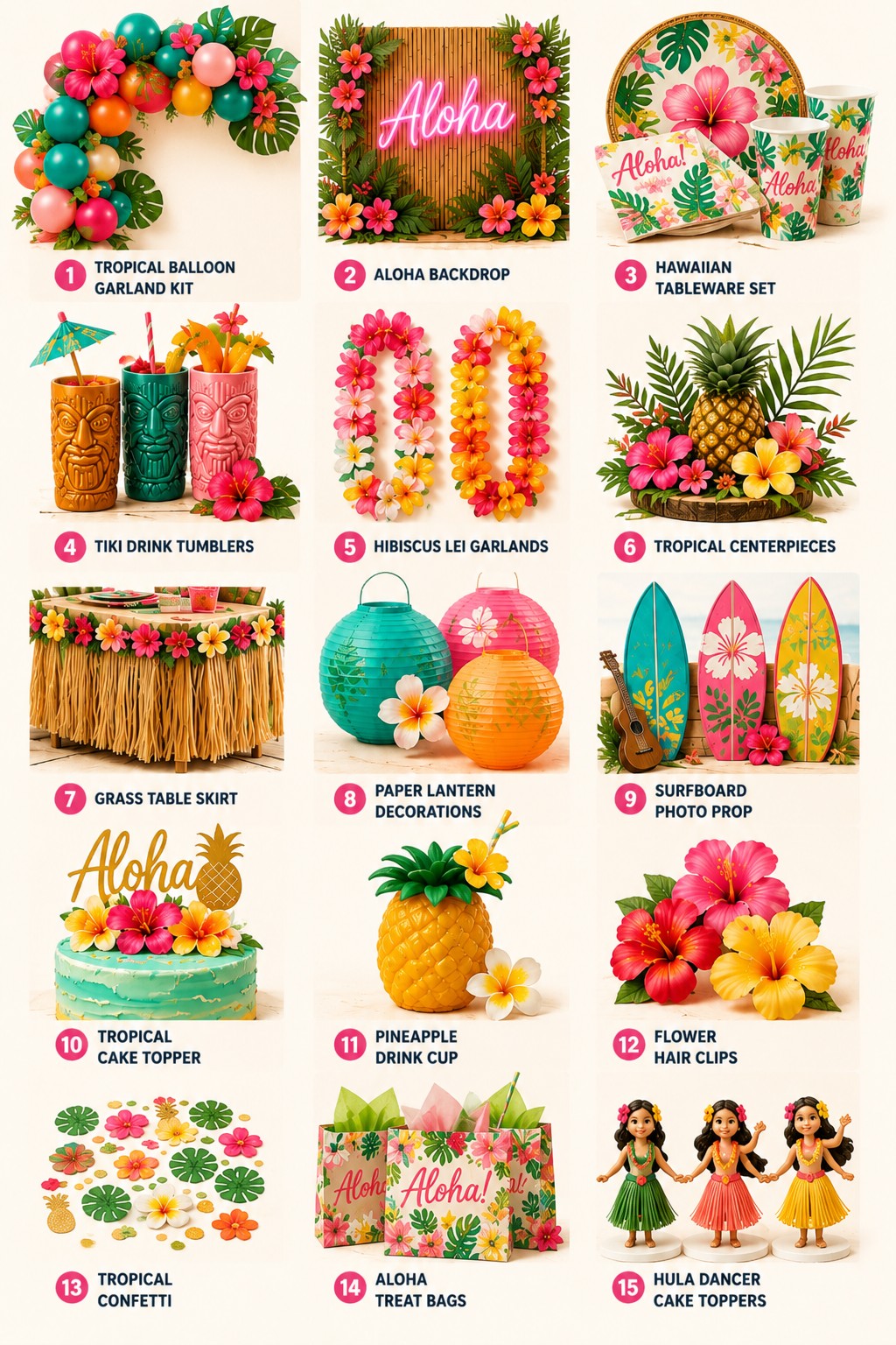 Hawaiian party product roundup with tropical balloon garland, aloha backdrop, tableware, tiki cups, leis, centerpieces, paper lanterns, surfboards, cake toppers and favor bags