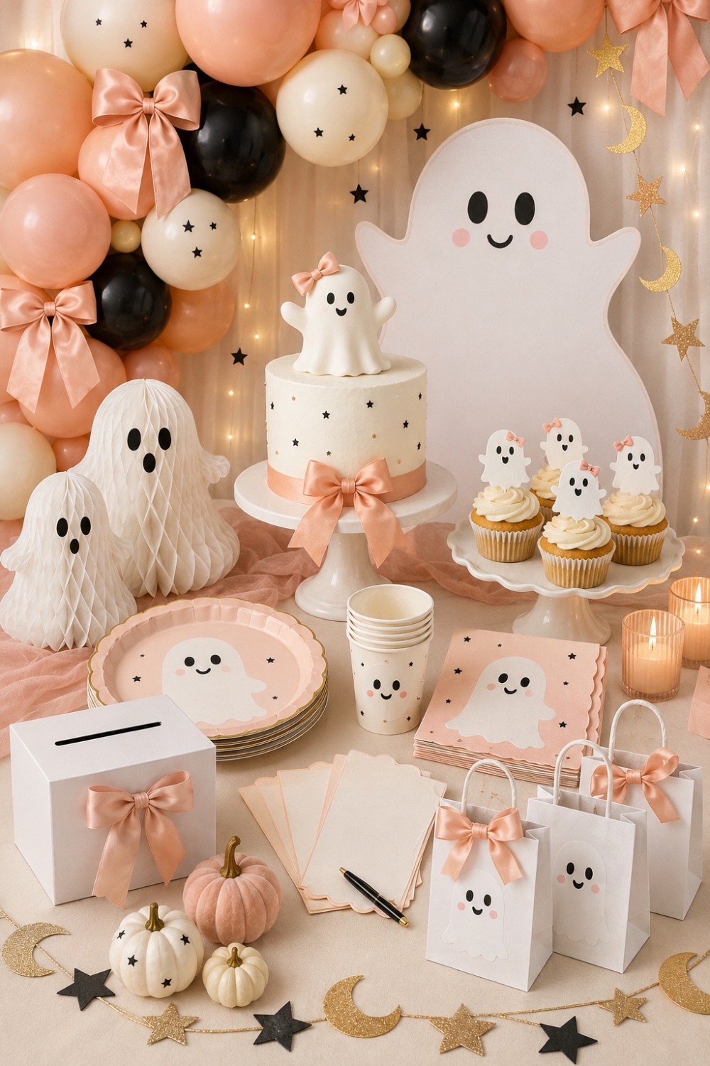 A Little Boo Is Due baby shower supplies roundup with ghost decorations, balloons, tableware, cake toppers, games and favors