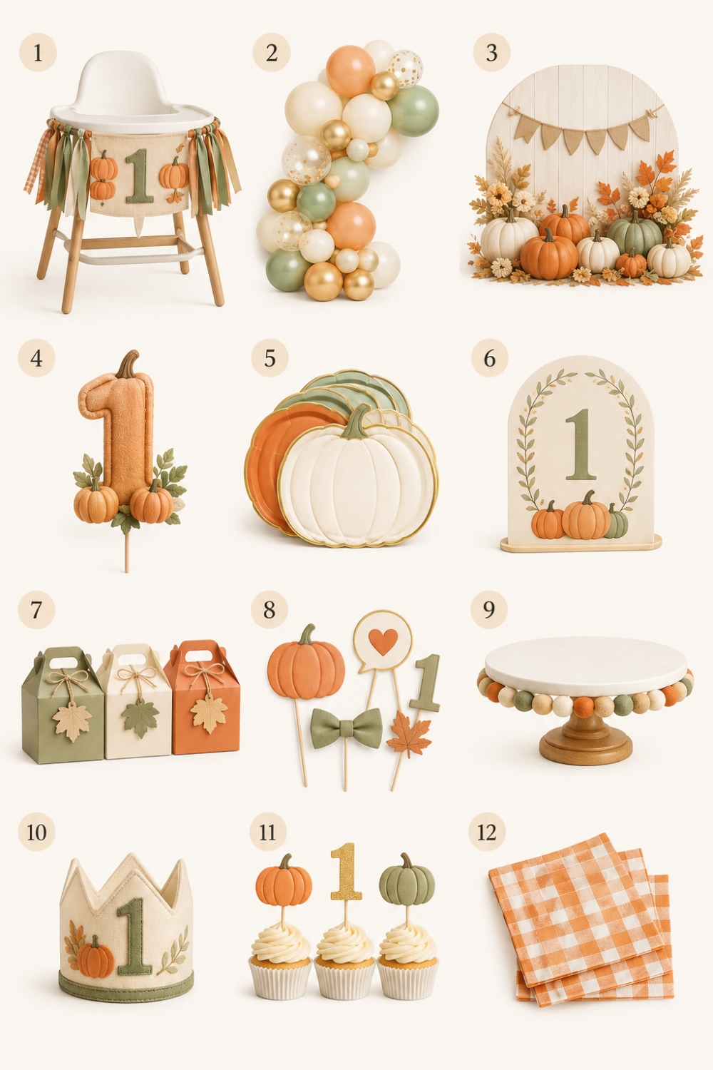 Fall first birthday party decorations and Amazon finds including pumpkin decorations, balloons, tableware, high-chair banner, cake accessories and photo props