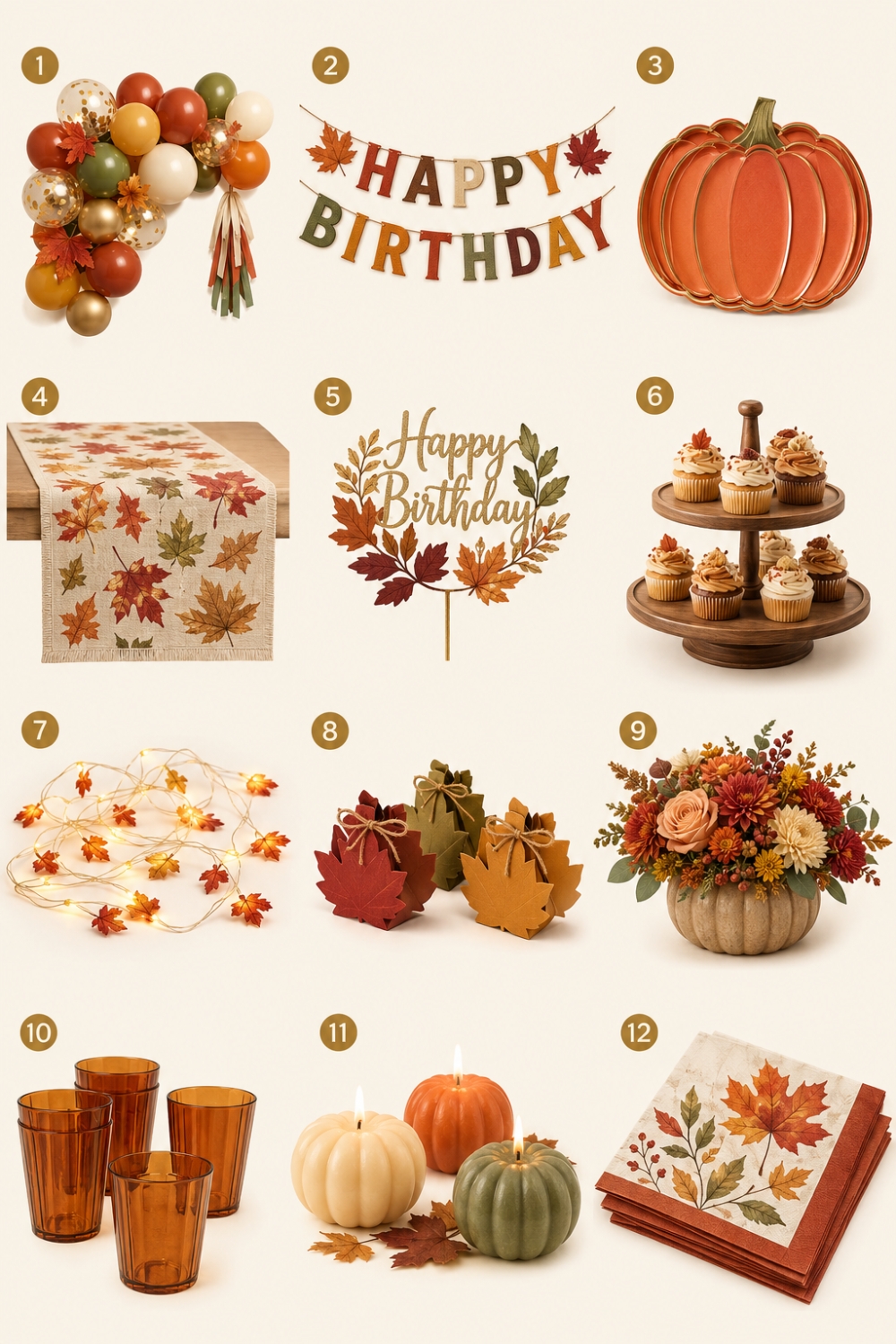 Fall birthday party decorations and Amazon finds including balloons, pumpkin tableware, cake accessories, favors and warm lights