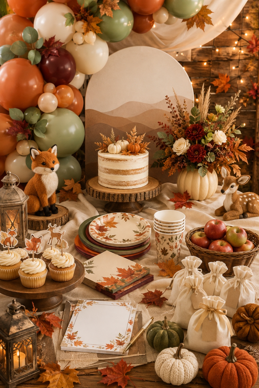 Fall baby shower supplies roundup with autumn balloons, tableware, centerpieces, cake toppers, games and seasonal decorations
