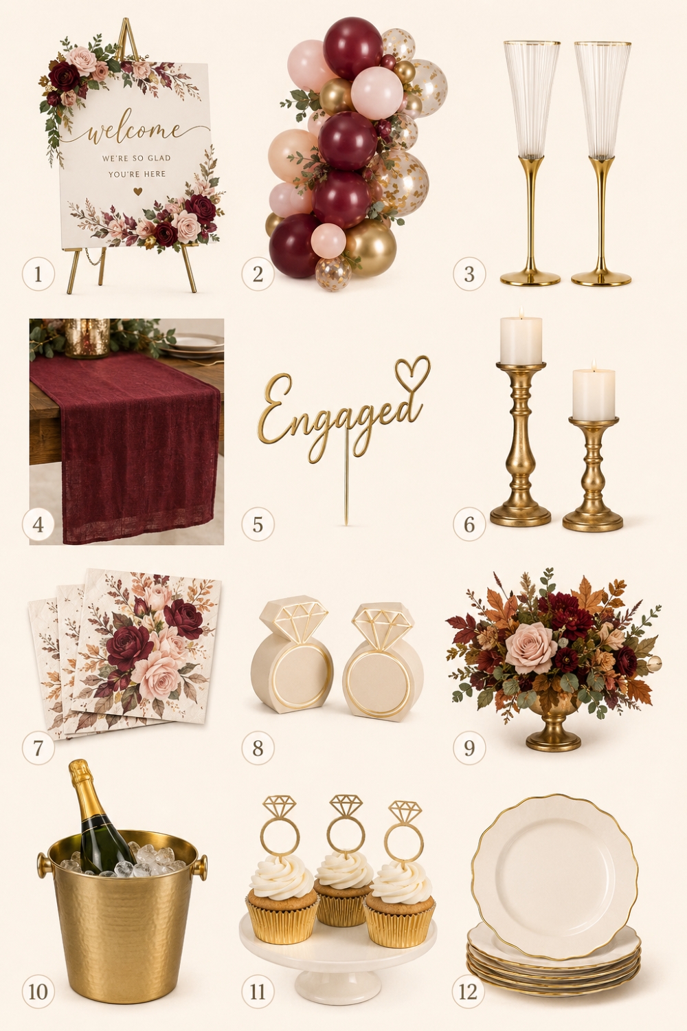 Fall engagement party decorations and Amazon finds with burgundy balloons, champagne glasses, autumn table decorations, welcome sign and ring favors