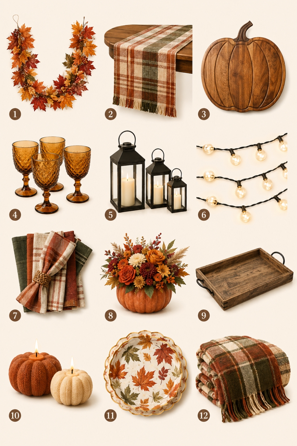 Fall party decorations and Amazon finds including leaf garland, plaid runner, serving pieces, lanterns and autumn tableware