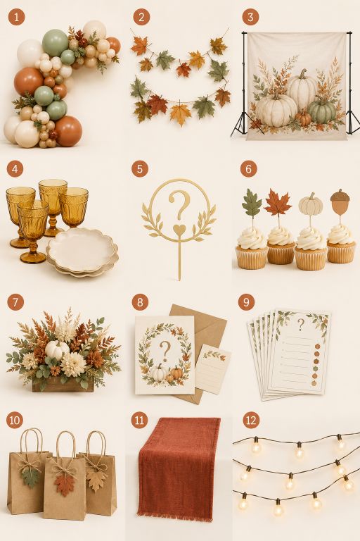 Fall gender reveal party decorations and Amazon finds including autumn balloons, pumpkin decorations, tableware, cake accessories, games and reveal supplies
