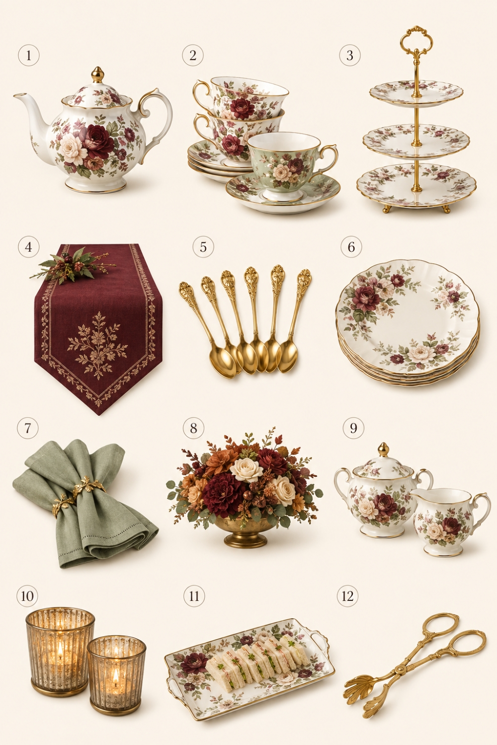 Fall tea party decorations and table setting Amazon finds including teapot, teacups, tiered stand and autumn centerpiece