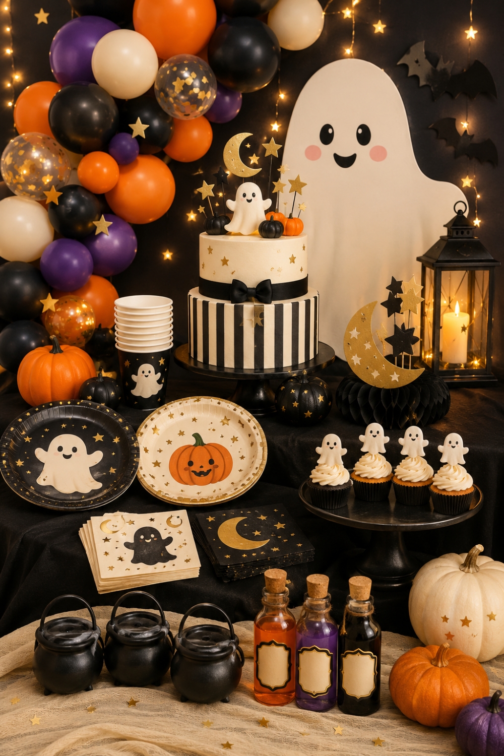 Halloween baby shower supplies roundup with balloons, tableware, centerpieces, cake toppers, games and spooky-cute decorations