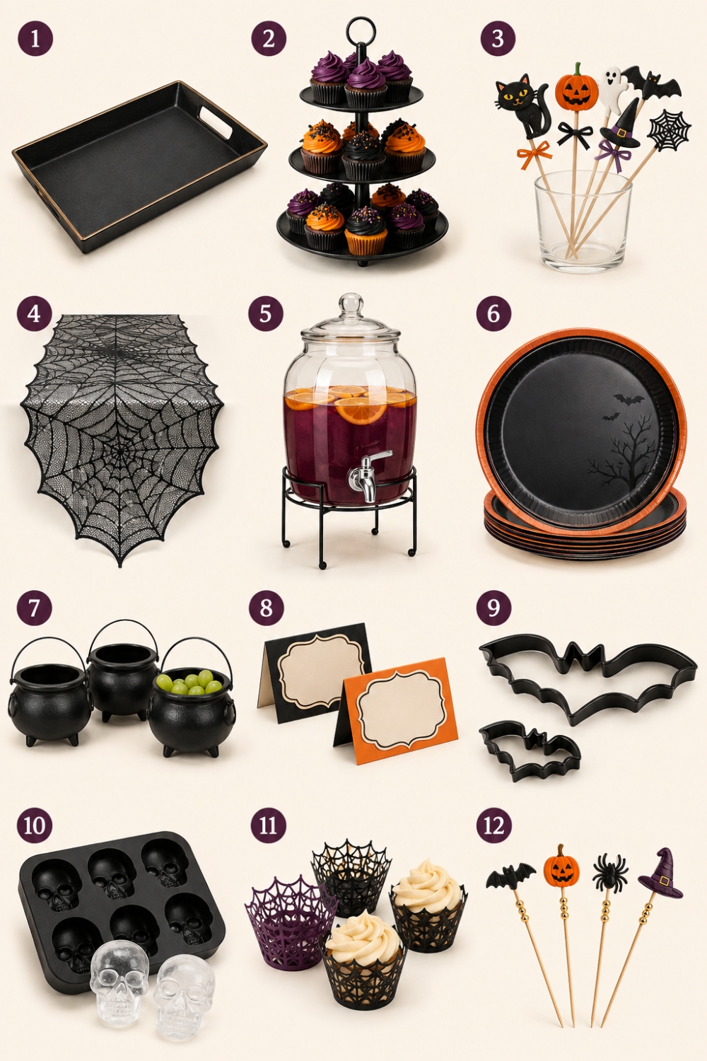 Halloween party food supplies roundup with serving trays, cupcake stands, food picks, tableware, cauldron bowls and drink accessories