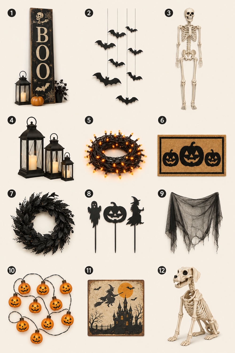 Outdoor Halloween decorations roundup featuring a porch sign, hanging bats, skeletons, lanterns, lights, wreath and yard decorations