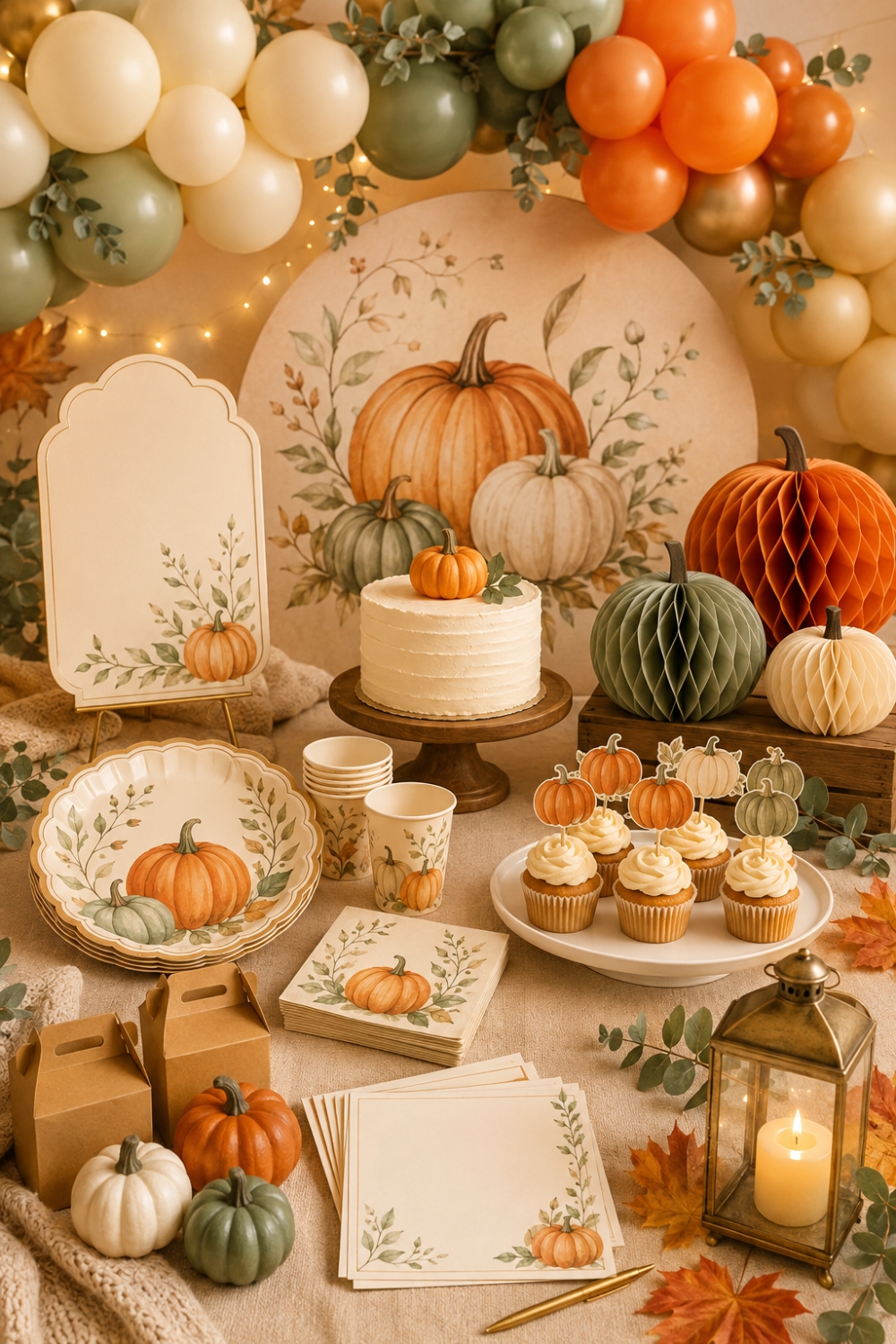 Little pumpkin baby shower supplies roundup with balloons, tableware, centerpieces, cake toppers, favors and fall decorations
