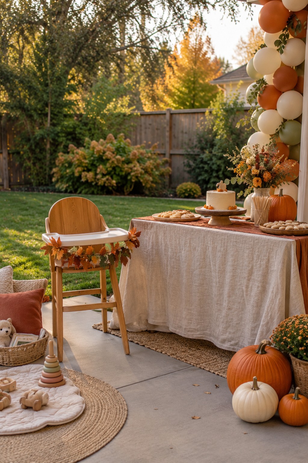 Fall first birthday party with a pumpkin cake, decorated high chair, autumn balloons and backyard decorations.