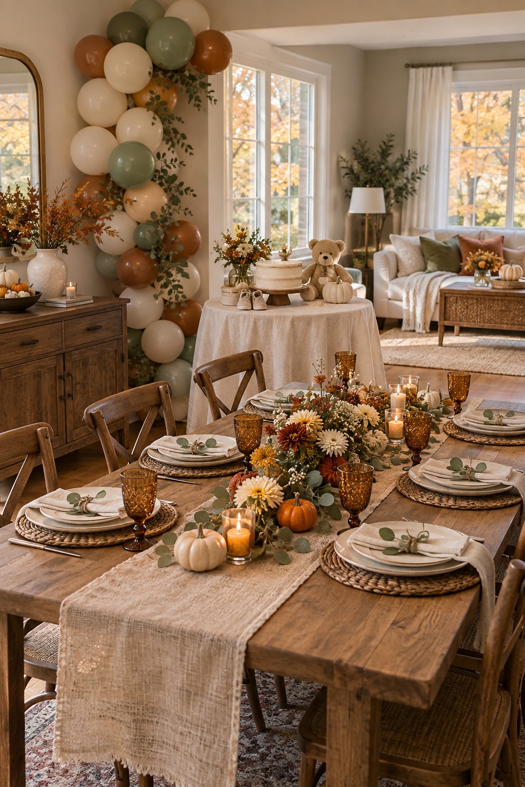 Fall baby shower with sage and rust balloons, autumn flowers, pumpkins, cake and a warmly decorated guest table.