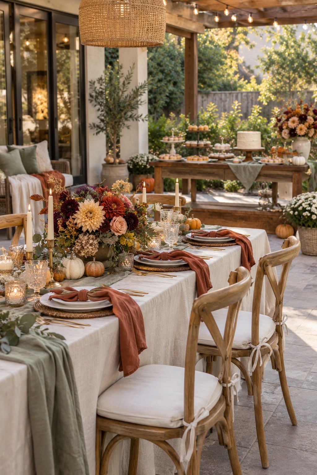 Elegant fall bridal shower with rust and sage table settings, autumn flowers, pumpkins, candles and a coordinating dessert table.