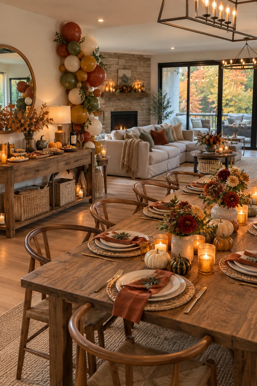 Stylish fall party in a cozy home with an autumn tablescape, seasonal flowers, pumpkins, balloons and an appetizer station.