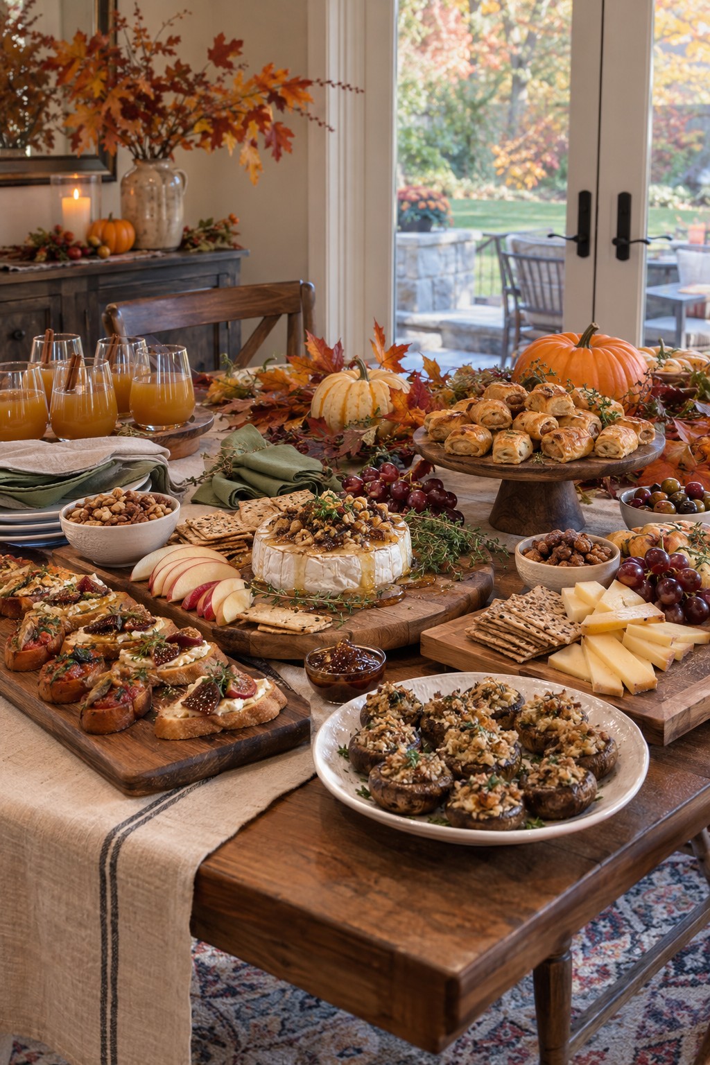 Fall appetizer table with baked brie, crostini, stuffed mushrooms, cheese, fruit, pastries and apple-cider drinks.