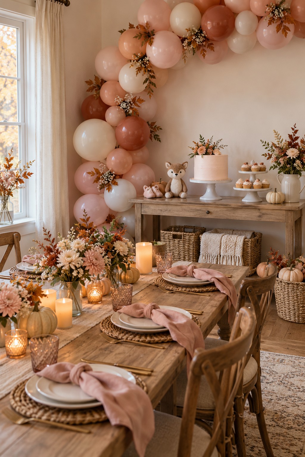 Fall baby shower for a girl with blush balloons, peach flowers, pale pumpkins, pink table settings and an autumn cake display.