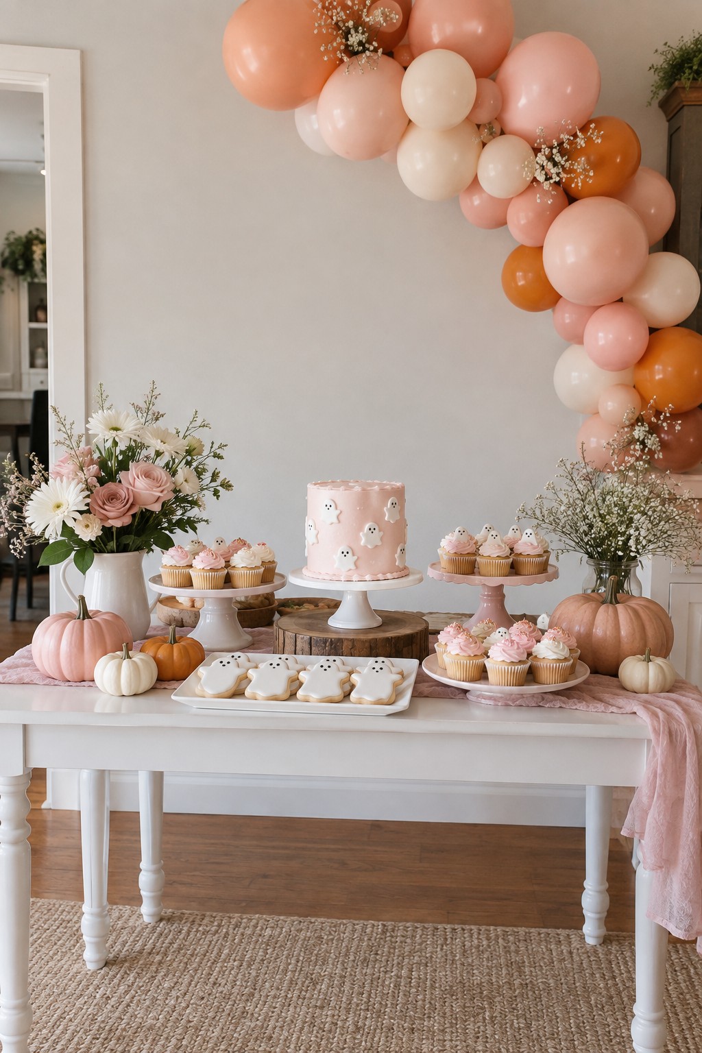 Pink Little Boo baby shower dessert table with a ghost cake, cupcakes, cookies, blush pumpkins and pink balloons.