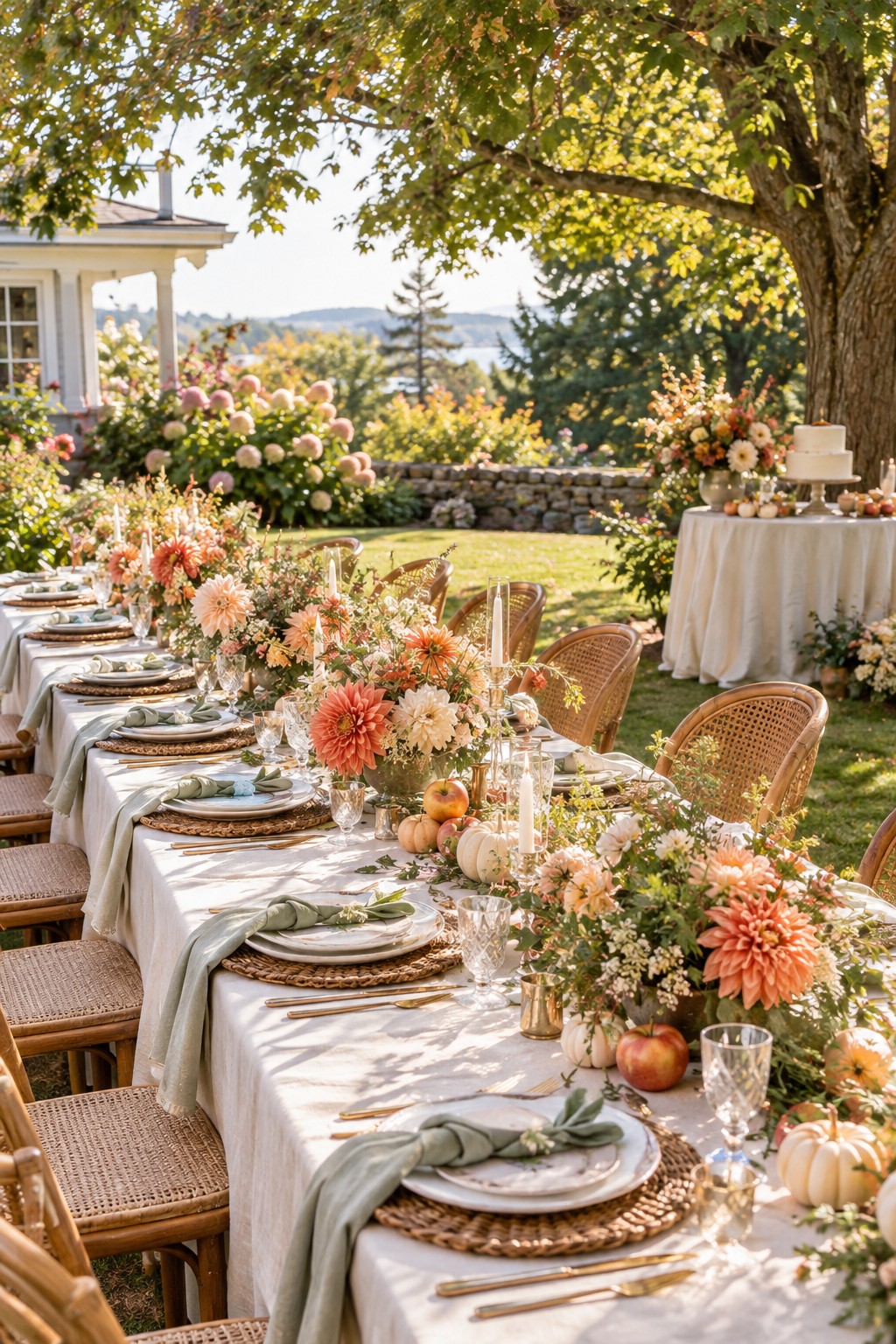 September bridal shower garden table with peach flowers, sage napkins, apples, pale pumpkins and an autumn cake display.