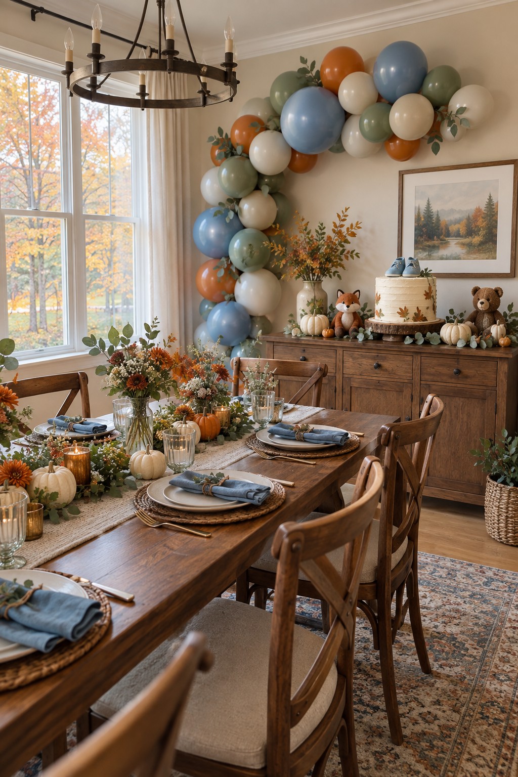 Fall baby shower for a boy with dusty-blue balloons, woodland animals, pumpkins, autumn flowers and a decorated cake table.