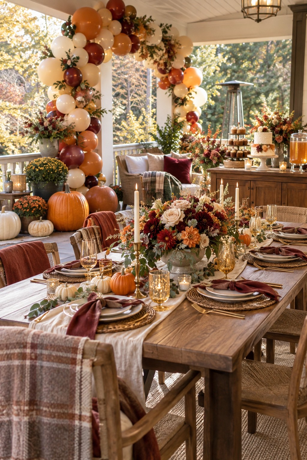 October bridal shower with cream and orange balloons, pumpkins, burgundy flowers, autumn table settings and a decorated cake station.