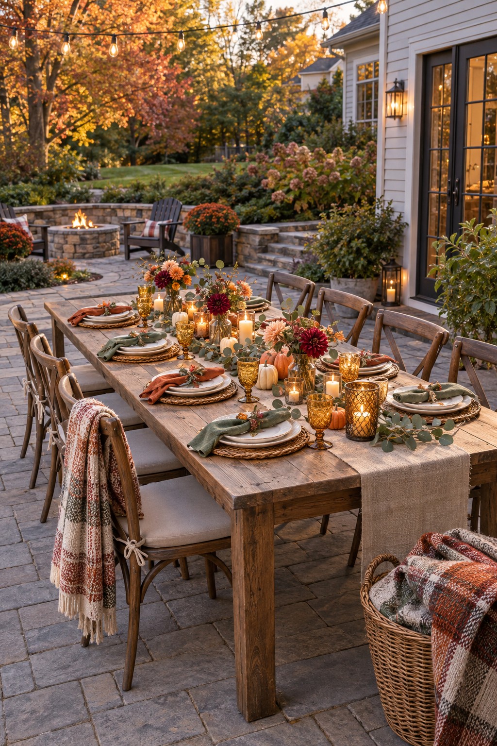 Outdoor fall party table with autumn flowers, miniature pumpkins, amber glasses, candles, string lights and plaid blankets.