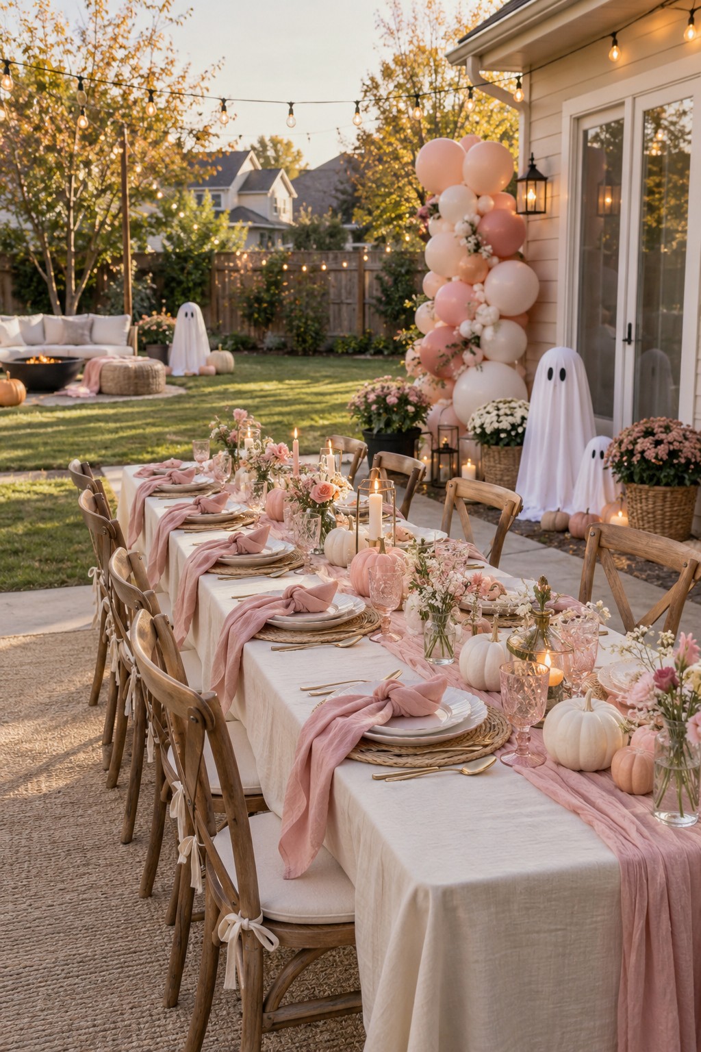 Outdoor Pink Little Boo baby shower with a blush tablescape, pale pumpkins, ghost decorations, balloons and string lights.