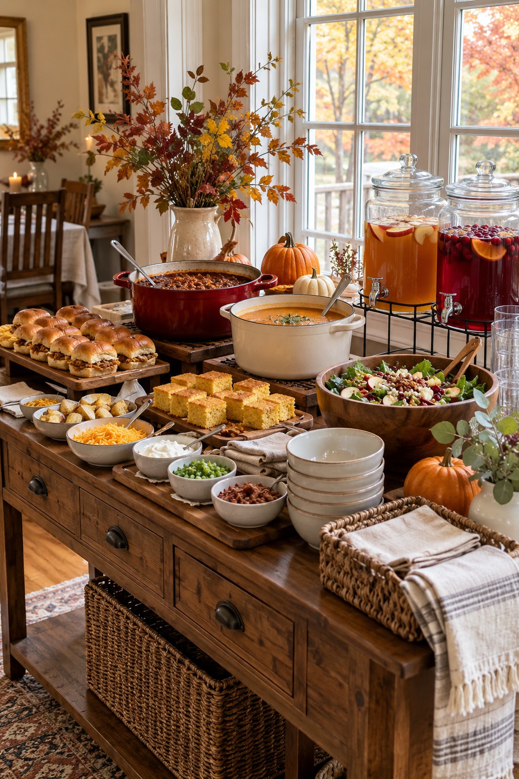 Fall baby shower food bar with chili, butternut soup, sliders, cornbread, salad, apple cider and cranberry punch.
