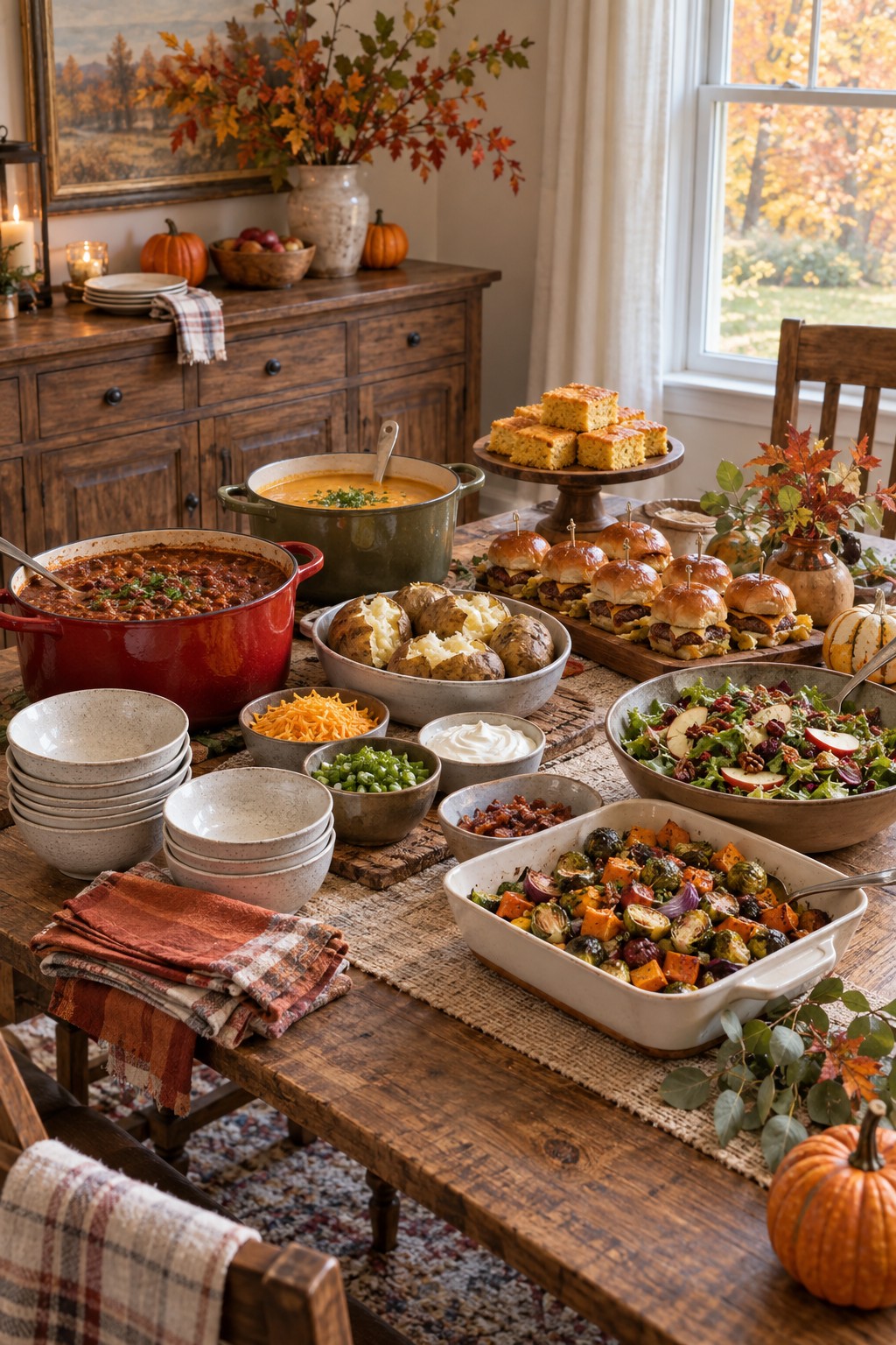 Fall party food buffet with chili, autumn soup, baked potatoes, sliders, cornbread, roasted vegetables and seasonal salad.