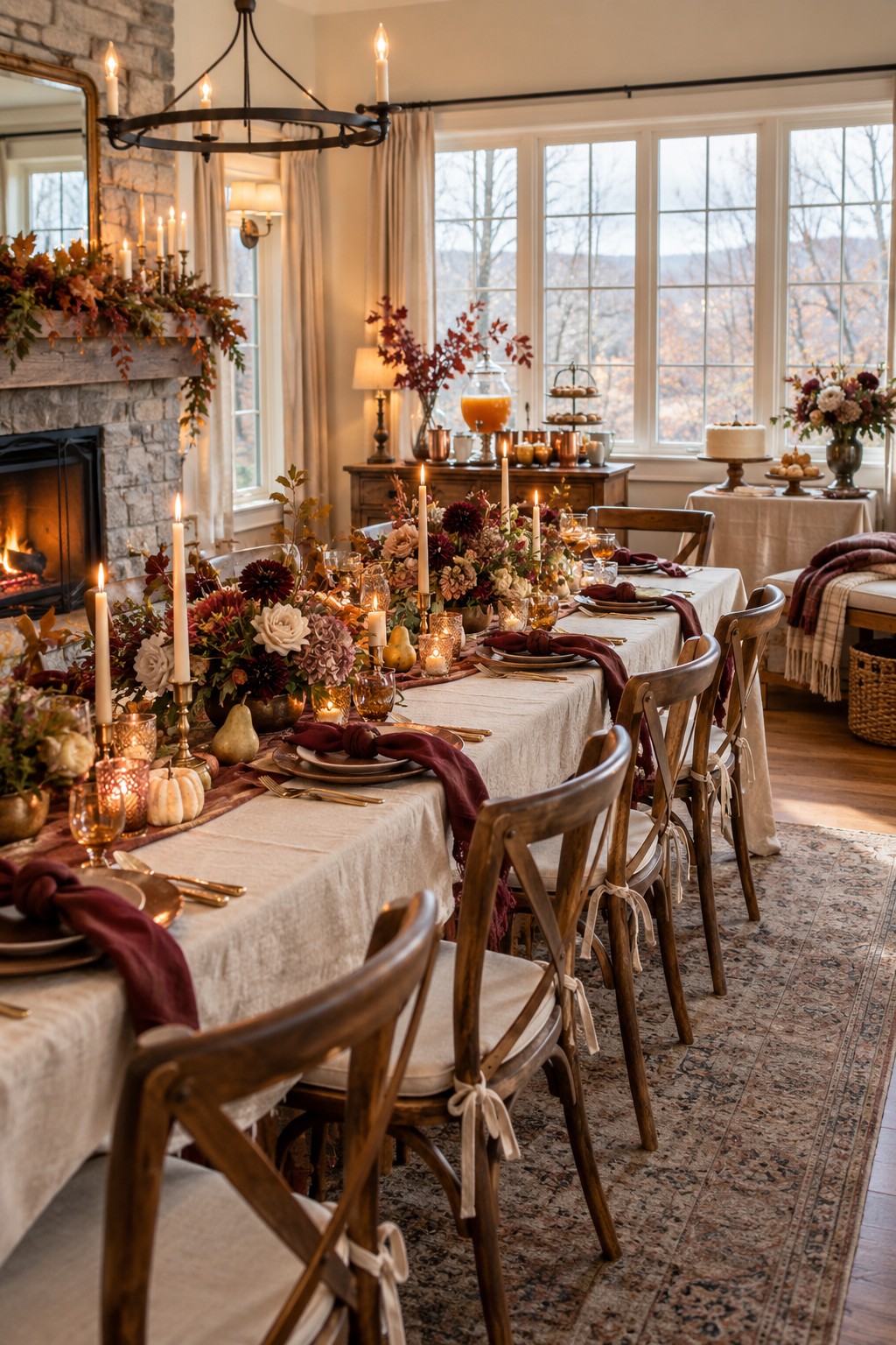 Cozy November bridal shower dinner with burgundy table settings, late-autumn flowers, candles, apple cider and a seasonal cake table.