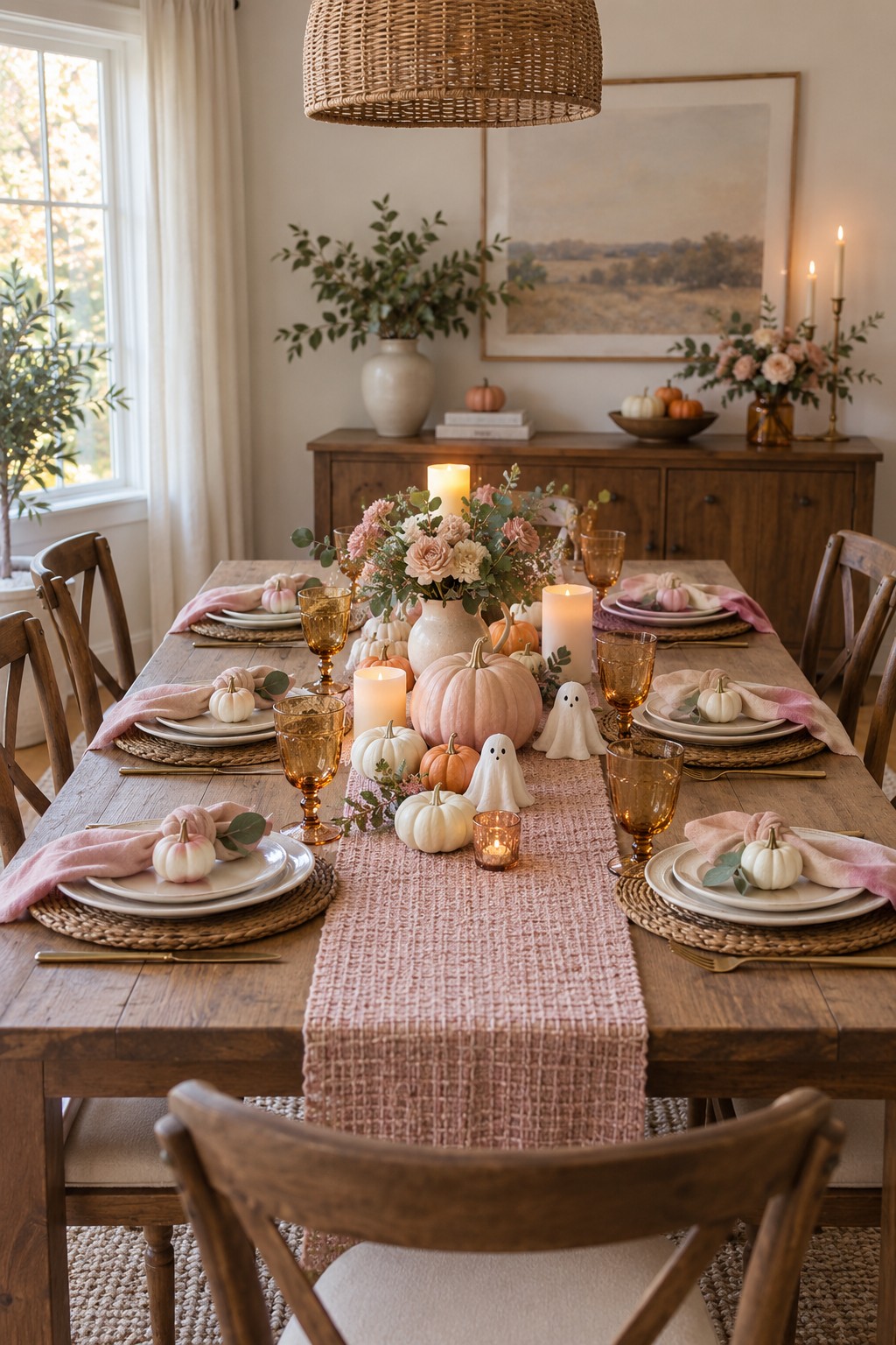 Pink Halloween baby shower table with blush flowers, pink and white pumpkins, amber glasses and friendly ghost decorations.