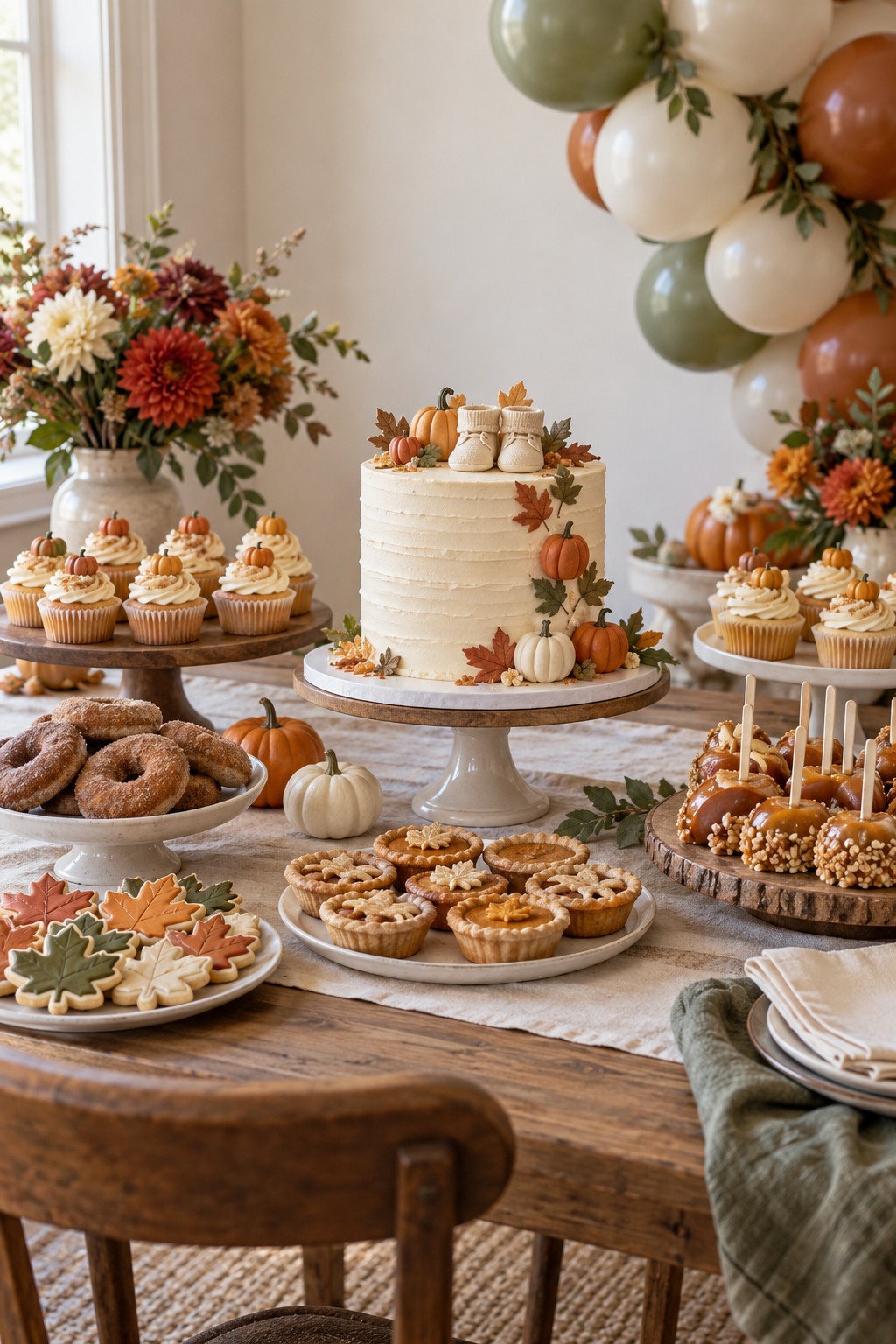 Fall baby shower dessert table with an autumn cake, pumpkin cupcakes, leaf cookies, mini pies, cider doughnuts and caramel apples.