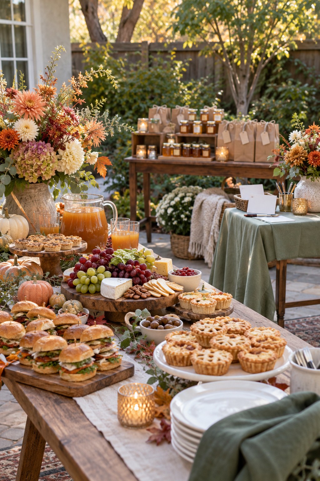 Fall bridal shower food table with sliders, fruit, cheese, mini pies and apple cider beside autumn favors and an advice-card station.