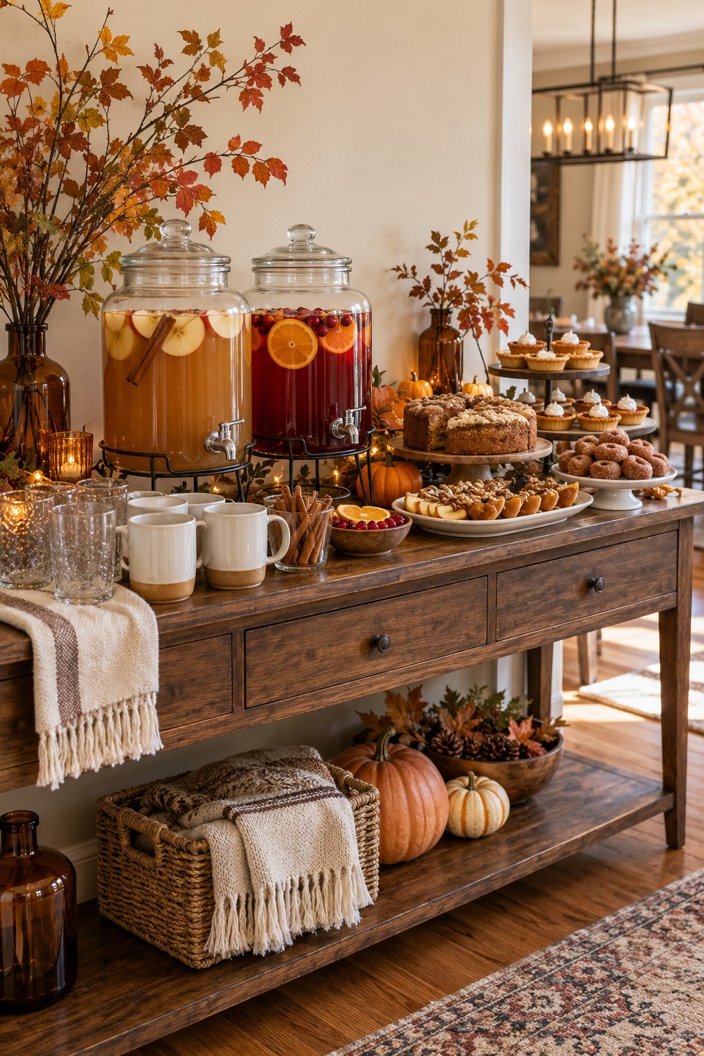 Fall party drinks and dessert station with apple cider, cranberry punch, apple cake, pumpkin pies and cider doughnuts.
