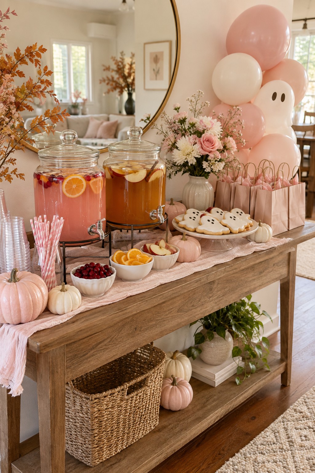Pink Little Boo baby shower drinks and favors station with fruit punch, apple cider, ghost cookies and blush pumpkins.