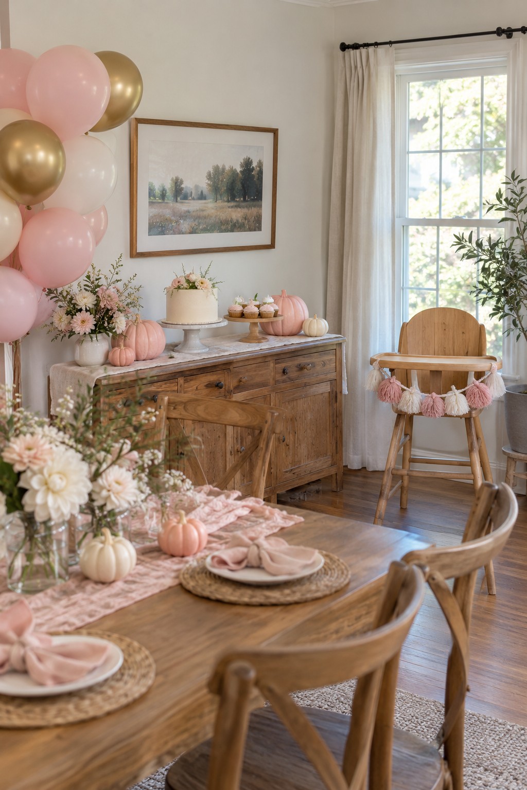 Pink pumpkin first birthday party with blush balloons, pastel pumpkins, cake and a decorated high chair for a baby girl.