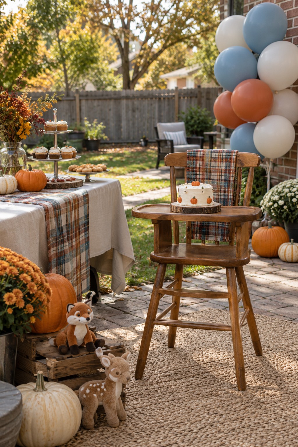Outdoor fall first birthday smash-cake setup with a small pumpkin cake, high chair, autumn balloons and pumpkins.
