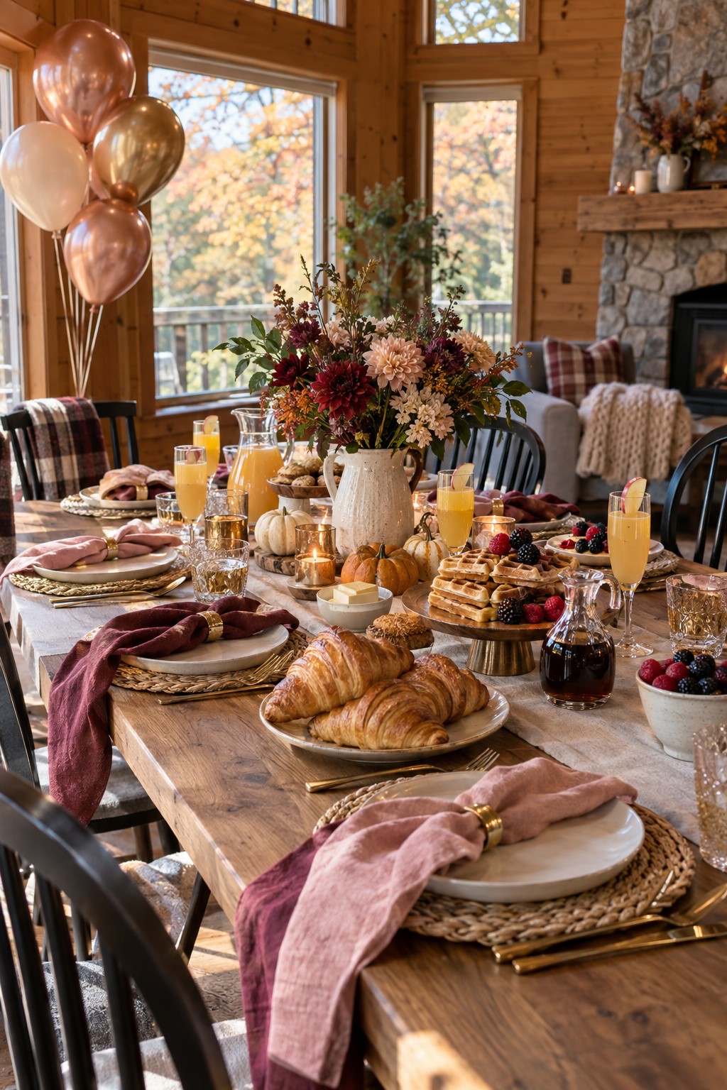 Fall bachelorette brunch table with waffles, pastries, berries, cider mimosas, autumn flowers and blush-and-burgundy decorations.