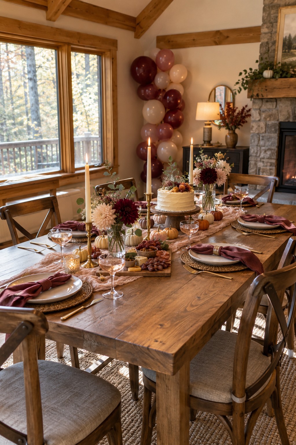 Fall bachelorette dinner party with burgundy balloons, autumn flowers, miniature pumpkins, cake and an elegant cabin tablescape.