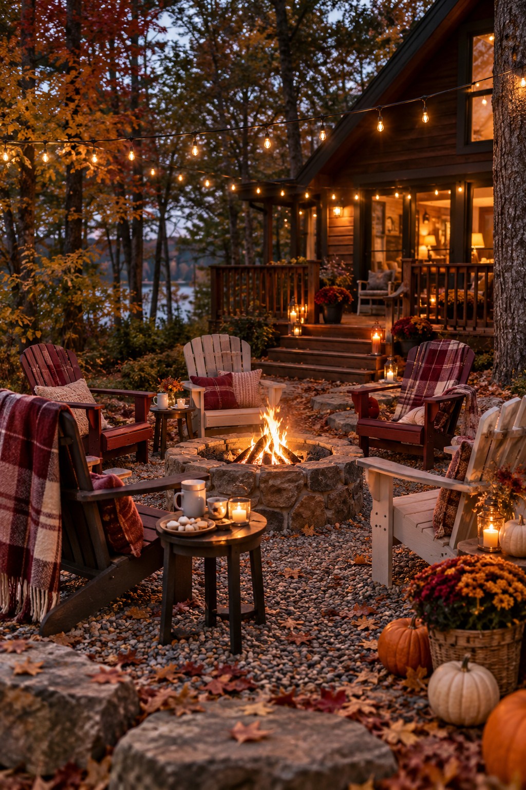 Fall bachelorette cabin weekend with a backyard firepit, plaid blankets, string lights, pumpkins, drinks and outdoor seating.