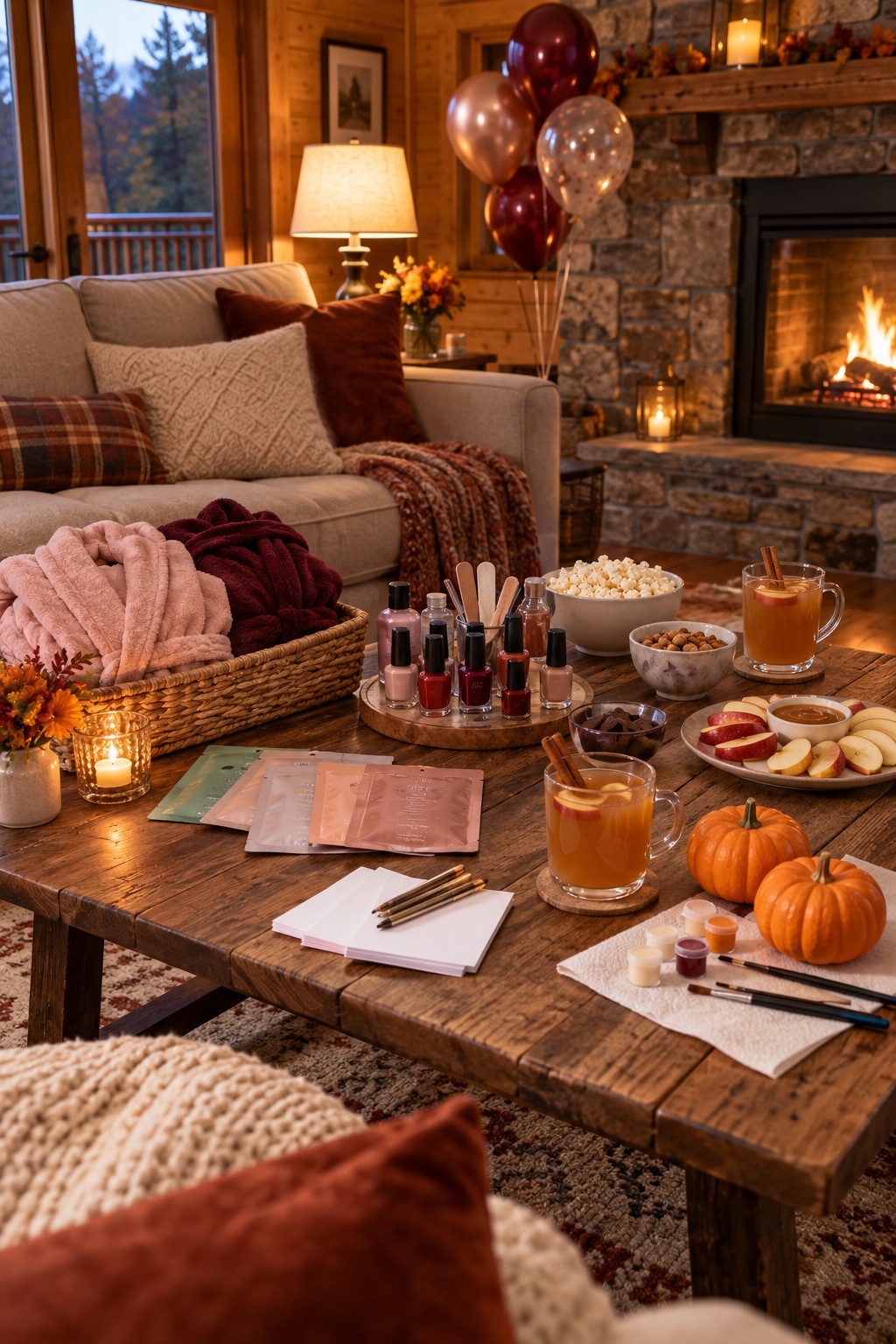 Cozy fall bachelorette cabin night with spa supplies, nail polish, pumpkin painting, snacks, apple cider and autumn decorations.