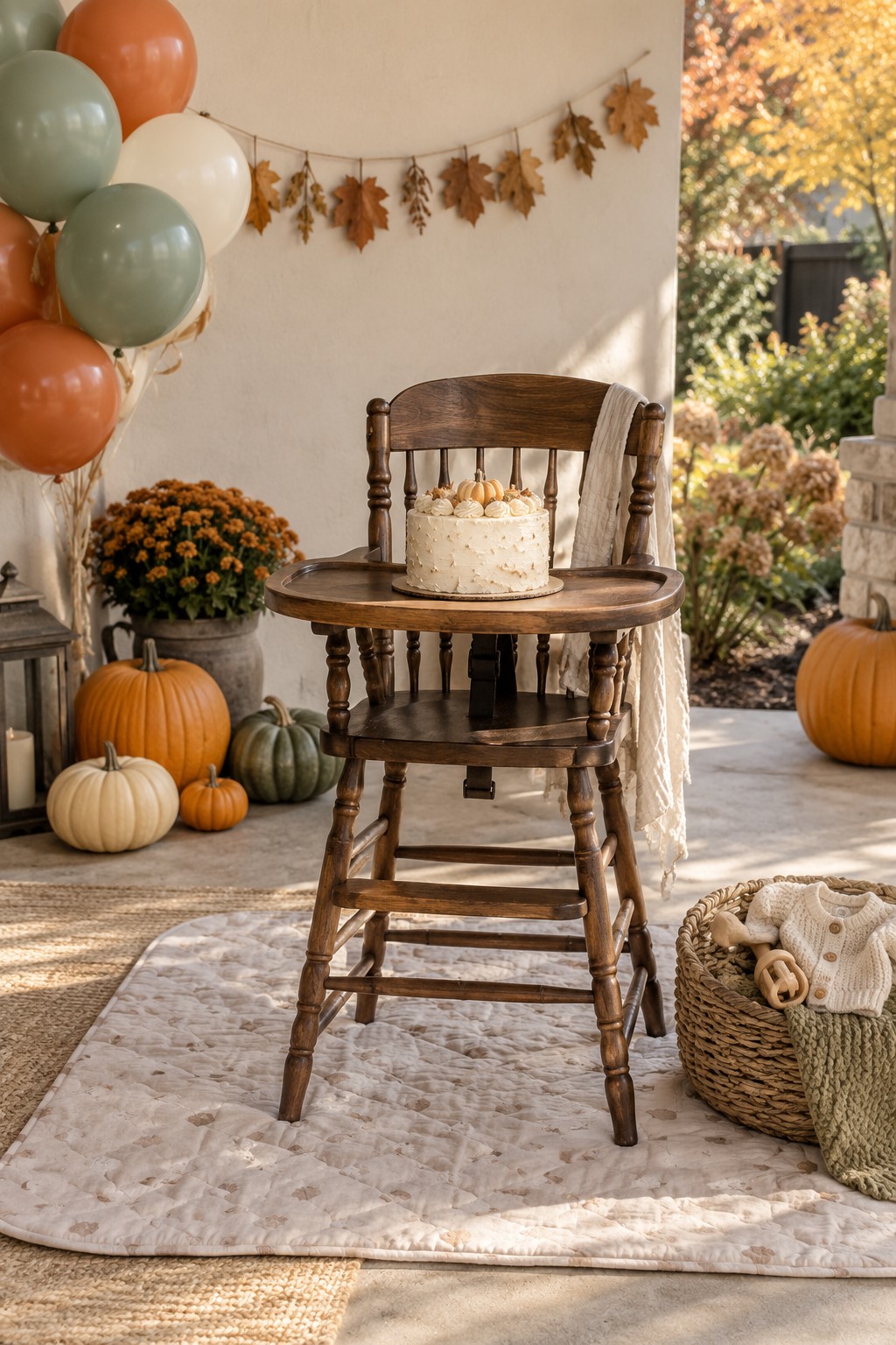 Outdoor fall first birthday cake display with a wooden high chair, autumn balloons, pumpkins and seasonal decorations.