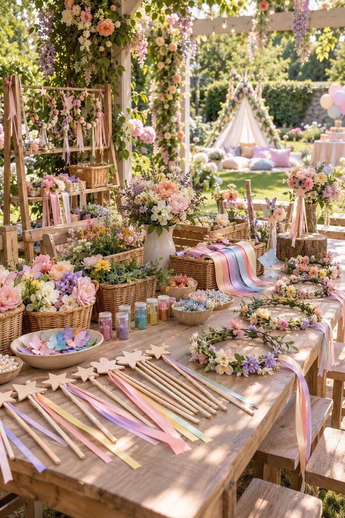 Fairy wand-making and flower-crown craft station decorated with ribbons and pastel flowers.