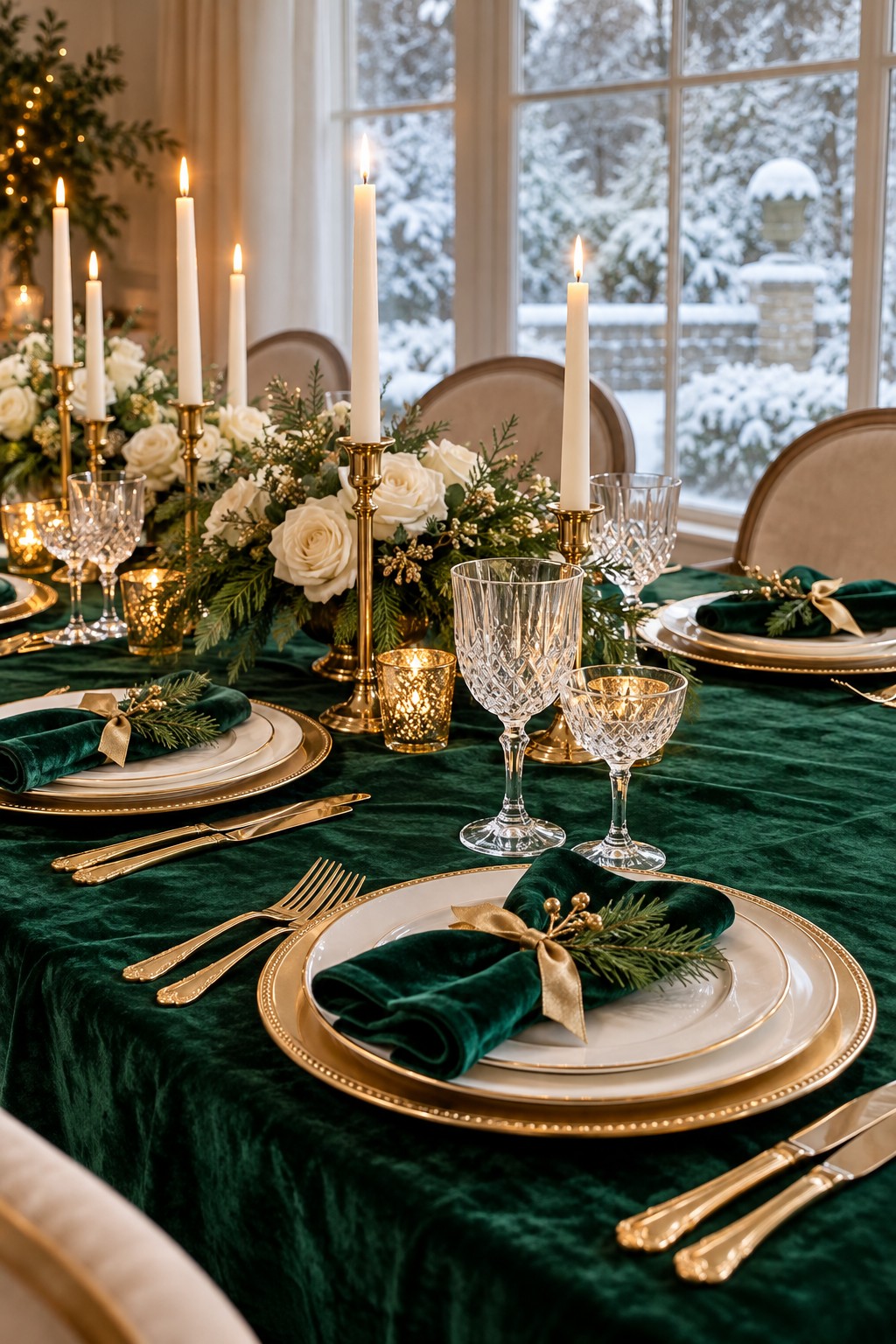 Emerald green and gold winter bridal shower table with velvet linen, ivory roses, gold chargers and candlelight