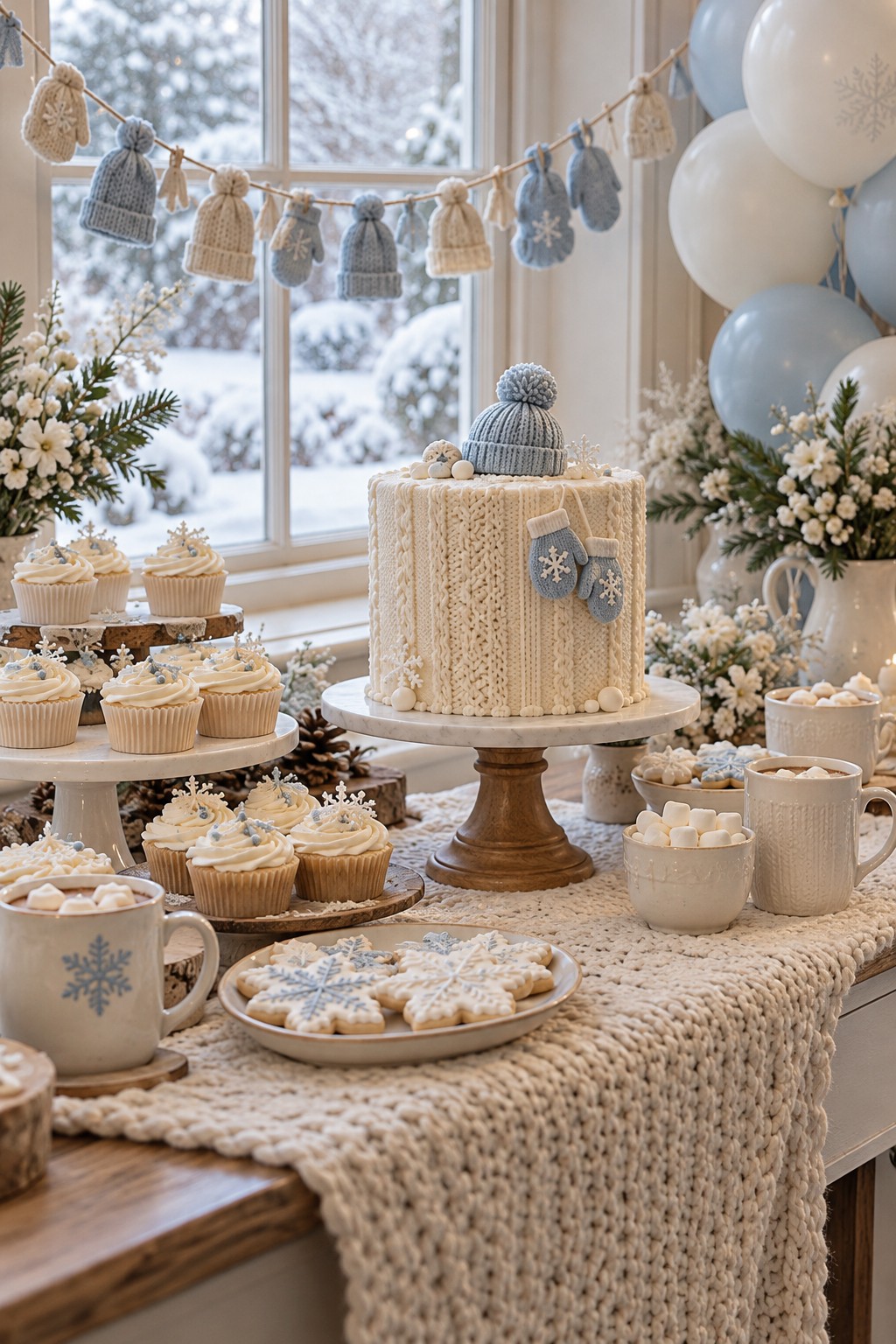 Cozy winter baby shower dessert table with a knitted-style cake, tiny blue hats, mittens and cream decorations