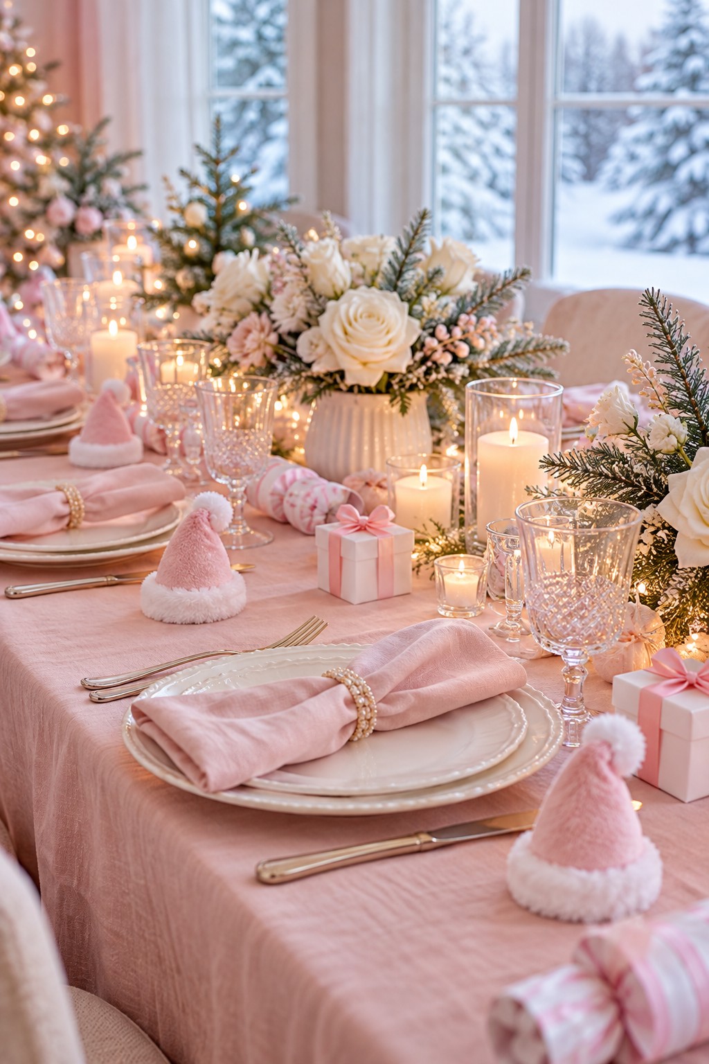 Pink Santa baby shower table with blush linen, miniature pink Santa hats, white roses and frosted greenery