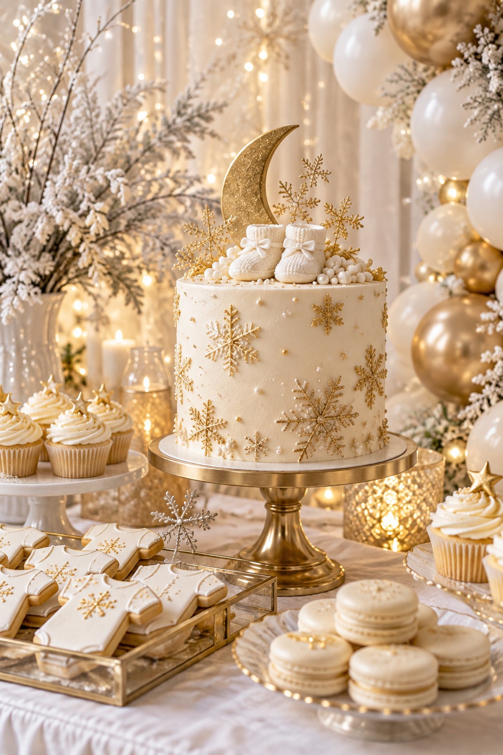White and gold winter baby shower cake with gold snowflakes, white baby booties and a crescent moon topper