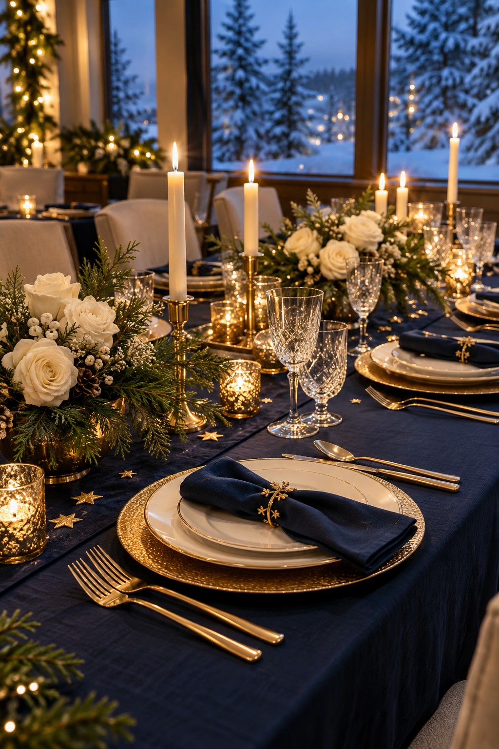 Navy and gold winter engagement party table with ivory roses, gold chargers, crystal glasses and warm candlelight